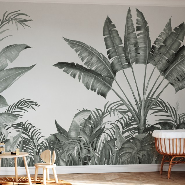 Wallpaper tropical cu frunze de palmier in nuante de gri, perfect pentru a crea o atmosfera relaxanta in casa.