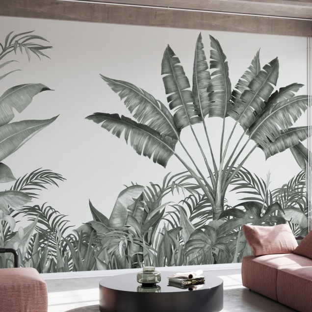 Wallpaper tropical cu frunze de palmier in nuante de gri, perfect pentru a crea o atmosfera relaxanta in casa.