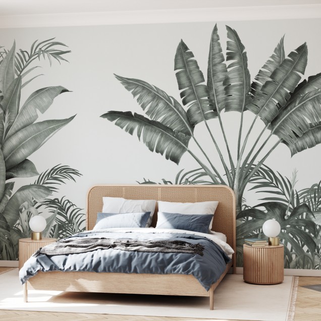 Wallpaper tropical cu frunze de palmier in nuante de gri, perfect pentru a crea o atmosfera relaxanta in casa.