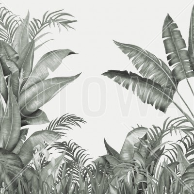 Wallpaper tropical cu frunze de palmier in nuante de gri, perfect pentru a crea o atmosfera relaxanta in casa.