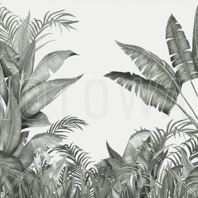 Wallpaper tropical cu frunze de palmier in nuante de gri, perfect pentru a crea o atmosfera relaxanta in casa.