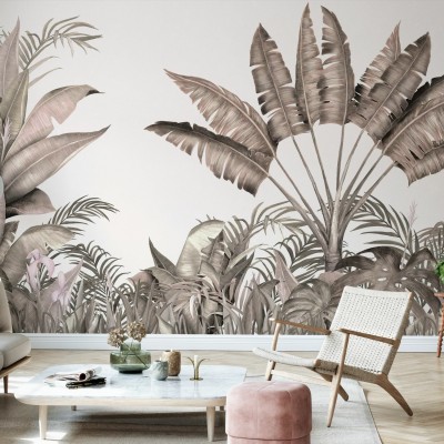 Tapet Tropical Humble Blush cu frunze de palmier in nuante de maro-roz