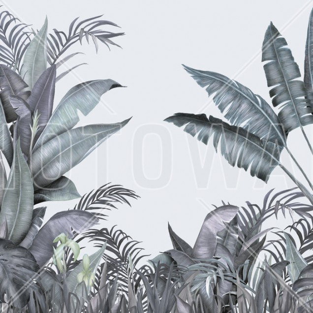 Tapet tropical cu frunze de palmier în nuanțe de albastru și verde, decorat într-o sufragerie cu o masă și scaune din lemn și o canapea albă.