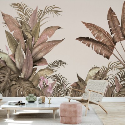 Wallpaper Tropical Pale Pecan cu frunze de palmier în nuanțe de maro deschis și roz pal
