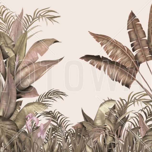 Wallpaper Tropical Pale Pecan cu frunze de palmier în nuanțe de maro deschis și roz pal