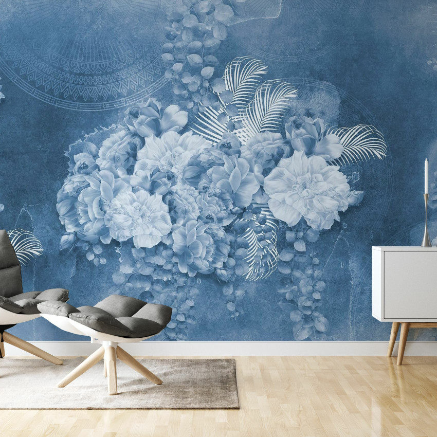 Tapet floral modern cu flori albe pe fundal gri
