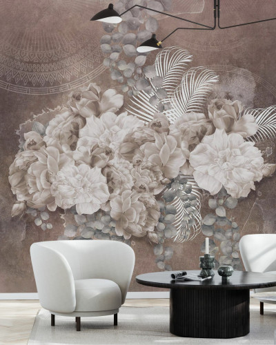 Tapet floral modern cu flori albe pe fundal gri