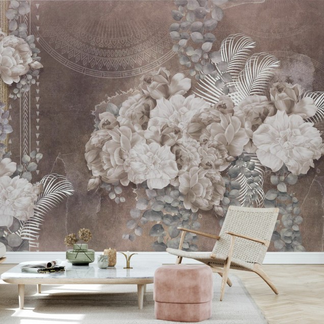 Tapet floral modern cu flori albe pe fundal gri