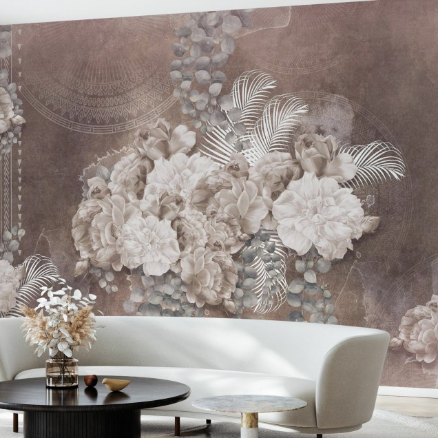 Tapet floral modern cu flori albe pe fundal gri