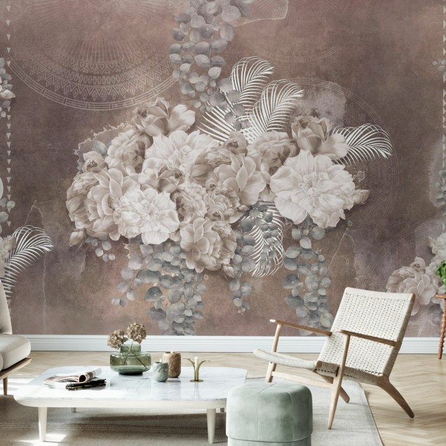 Tapet floral modern cu flori albe pe fundal gri