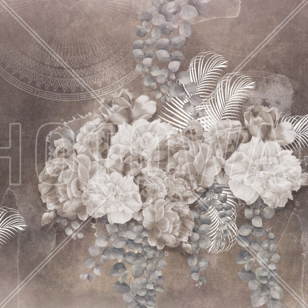 Tapet floral modern cu flori albe pe fundal gri