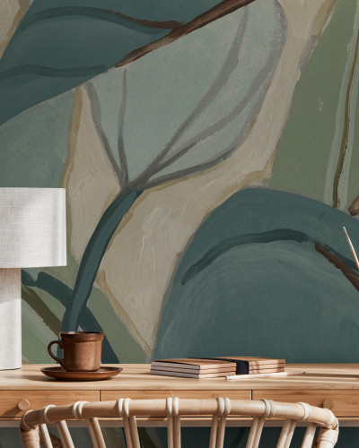 Tapet cu palmieri abstract, cu nuanțe de verde și bej, în stil minimalist.