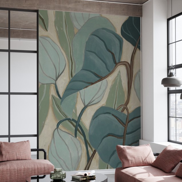 Tapet cu palmieri abstract, cu nuanțe de verde și bej, în stil minimalist.