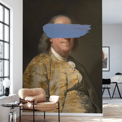 Tapet cu o imagine a lui Benjamin Franklin, cu un strat de vopsea albastră care îi ascunde o parte din față.