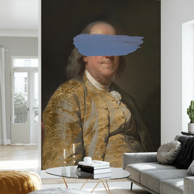 Tapet cu o imagine a lui Benjamin Franklin, cu un strat de vopsea albastră care îi ascunde o parte din față.