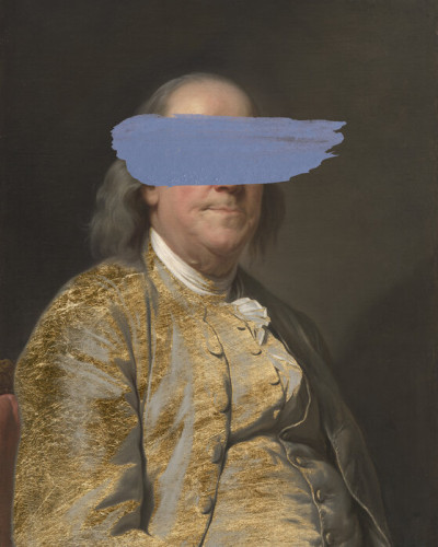 Tapet cu o imagine a lui Benjamin Franklin, cu un strat de vopsea albastră care îi ascunde o parte din față.