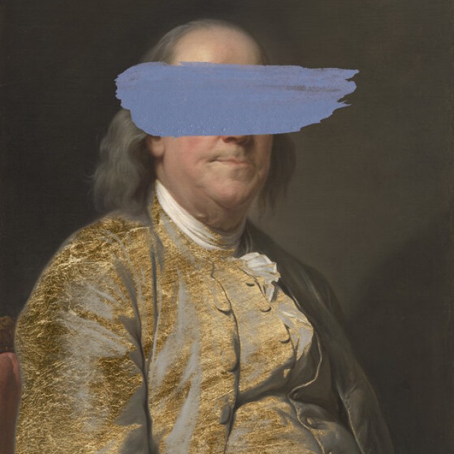 Tapet cu o imagine a lui Benjamin Franklin, cu un strat de vopsea albastră care îi ascunde o parte din față.