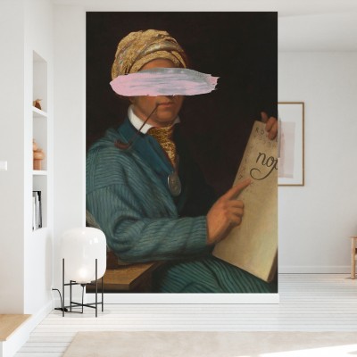 Un wallpaper artistic cu un portret parțial acoperit de o pată de culoare, ideal pentru a crea un punct focal în living, dormitor sau hol.
