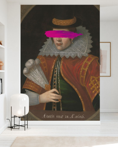 Masked Pocahontas, tapet decorativ cu imagine artistică a lui Pocahontas, cu o pată vibrantă de culoare peste ochi.