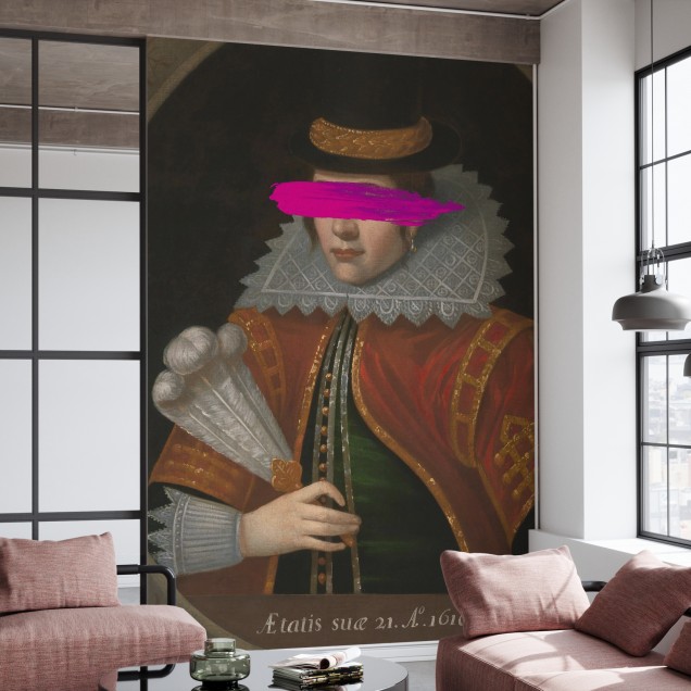 Masked Pocahontas, tapet decorativ cu imagine artistică a lui Pocahontas, cu o pată vibrantă de culoare peste ochi.