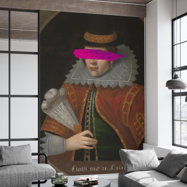 Masked Pocahontas, tapet decorativ cu imagine artistică a lui Pocahontas, cu o pată vibrantă de culoare peste ochi.