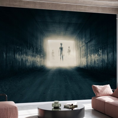 Tapet Group of Aliens, cu extraterestri mergând în josul unui tunel întunecat spre o lumină orbitoare.