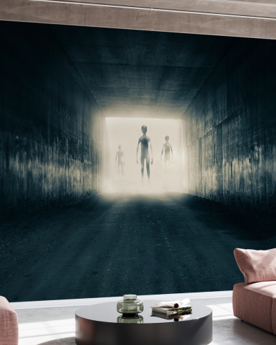 Tapet Group of Aliens, cu extraterestri mergând în josul unui tunel întunecat spre o lumină orbitoare.
