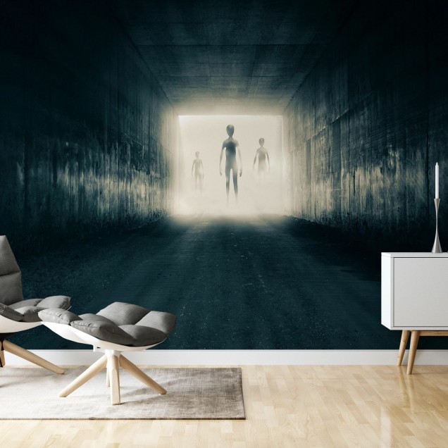 Tapet Group of Aliens, cu extraterestri mergând în josul unui tunel întunecat spre o lumină orbitoare.