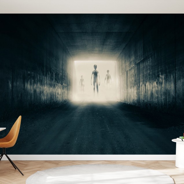 Tapet Group of Aliens, cu extraterestri mergând în josul unui tunel întunecat spre o lumină orbitoare.