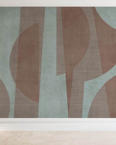 Tapet modern cu design abstract, in nuante de maro si verde, cu linii subtile.