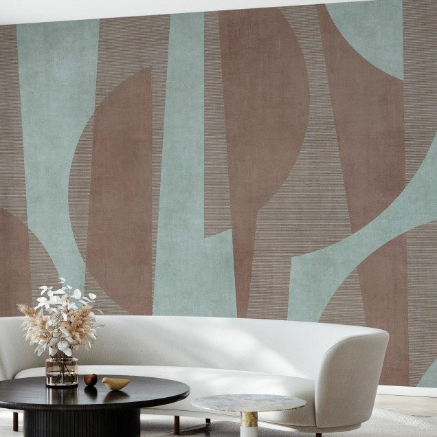 Tapet modern cu design abstract, in nuante de maro si verde, cu linii subtile.