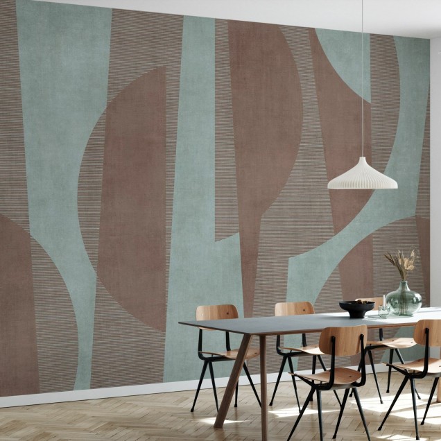 Tapet modern cu design abstract, in nuante de maro si verde, cu linii subtile.