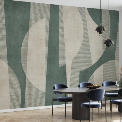 Fototapet abstract cu design geometric verde și bej într-o sufragerie modernă.