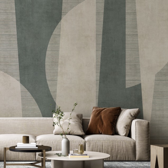 Fototapet abstract cu design geometric verde și bej într-o sufragerie modernă.