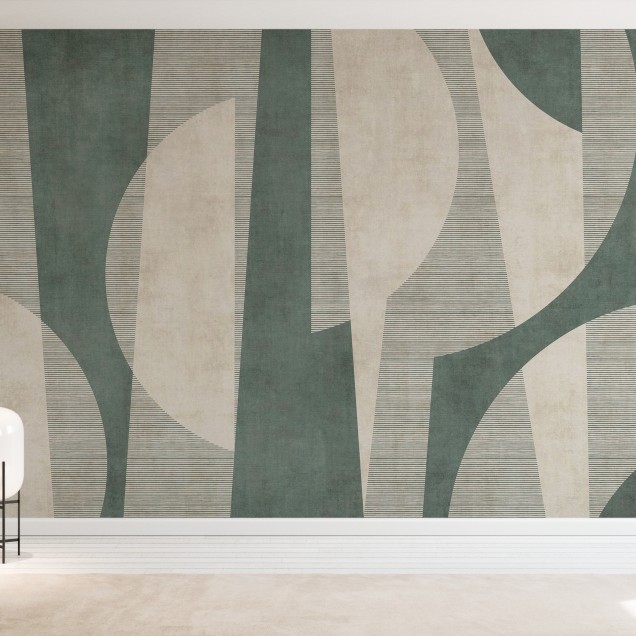 Fototapet abstract cu design geometric verde și bej într-o sufragerie modernă.