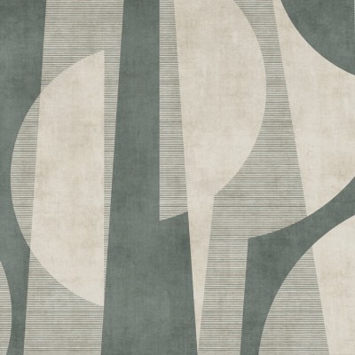 Fototapet abstract cu design geometric verde și bej într-o sufragerie modernă.