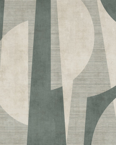 Fototapet abstract cu design geometric verde și bej într-o sufragerie modernă.
