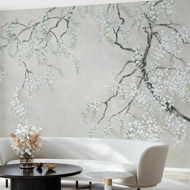 Tapet Blossom Wisteria cu flori albe și ramuri delicate