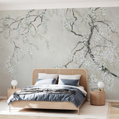 Tapet Blossom Wisteria cu flori albe și ramuri delicate