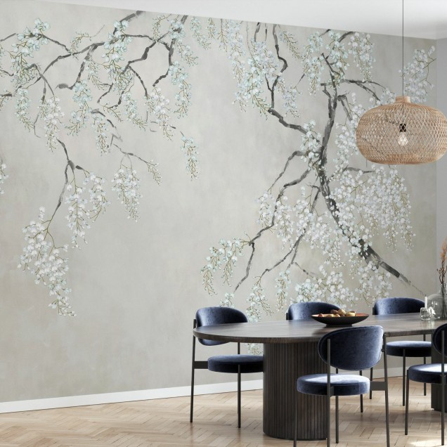 Tapet Blossom Wisteria cu flori albe și ramuri delicate