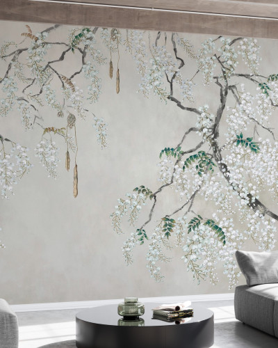 Fototapet cu wisteria albă într-un interior modern