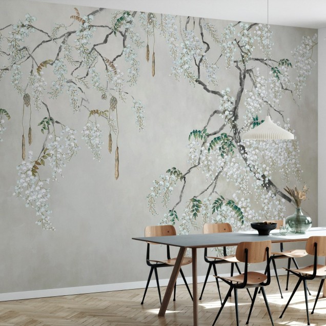 Fototapet cu wisteria albă într-un interior modern