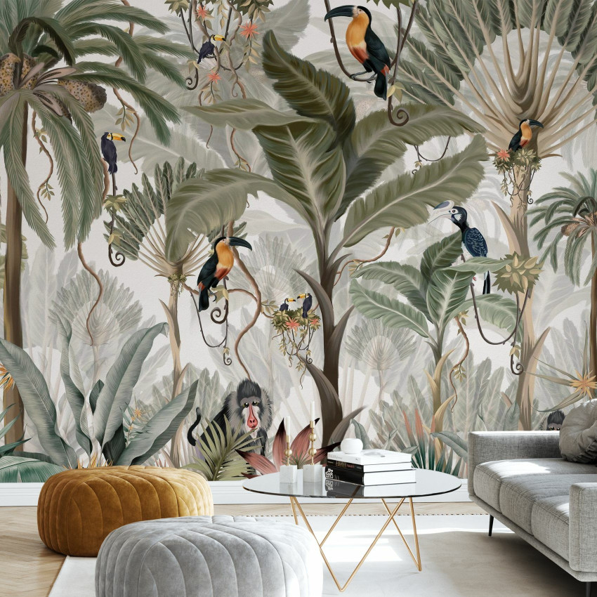Fototapet cu junglă exotică, design roz