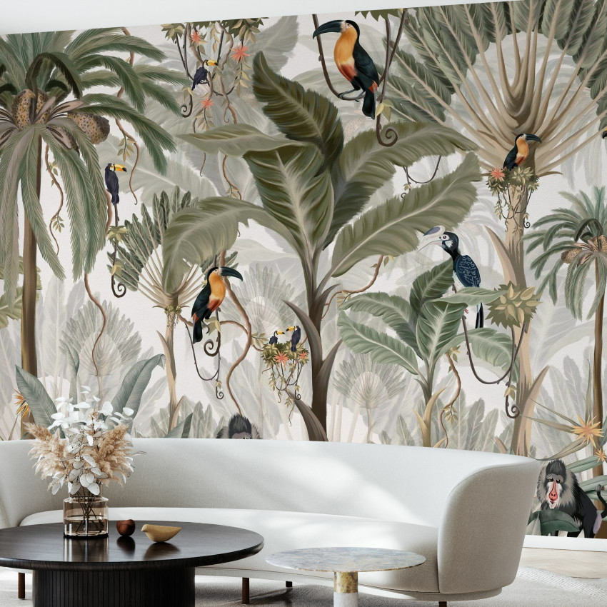 Fototapet cu junglă exotică, design roz