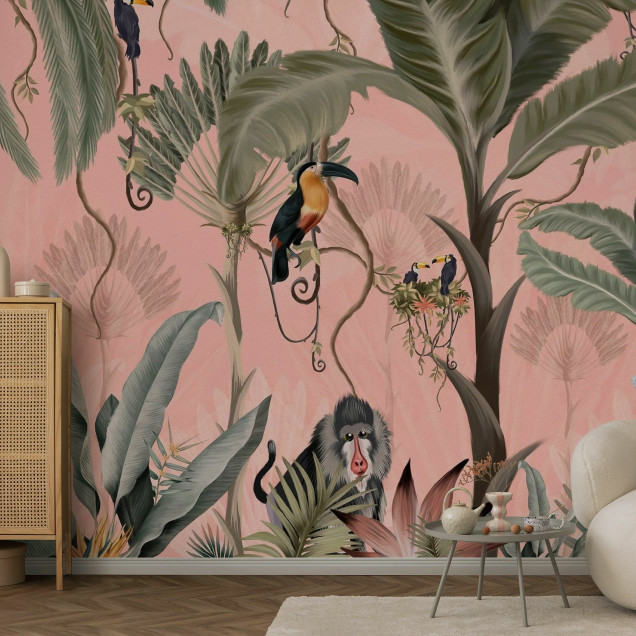 Fototapet cu junglă exotică, design roz