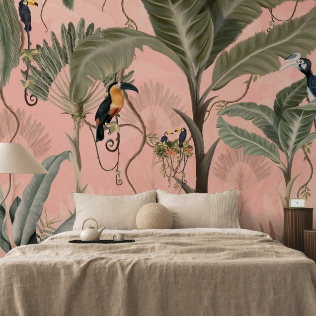 Fototapet cu junglă exotică, design roz