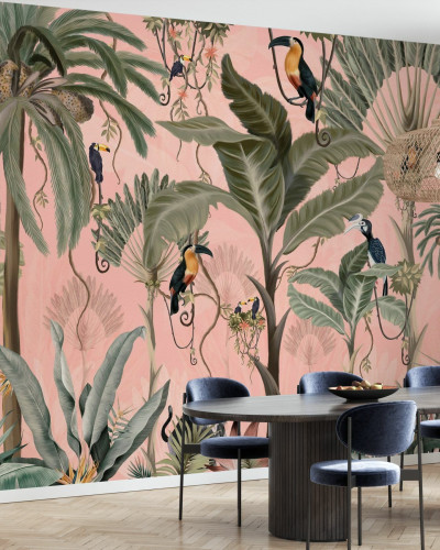 Fototapet cu junglă exotică, design roz