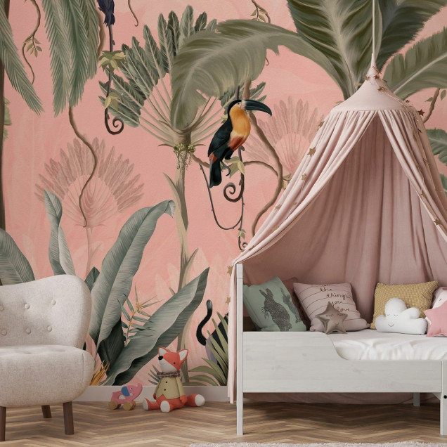 Fototapet cu junglă exotică, design roz