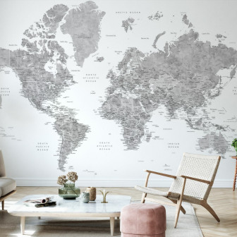 Fototapet cu hartă mondială și orașe într-un living modern
