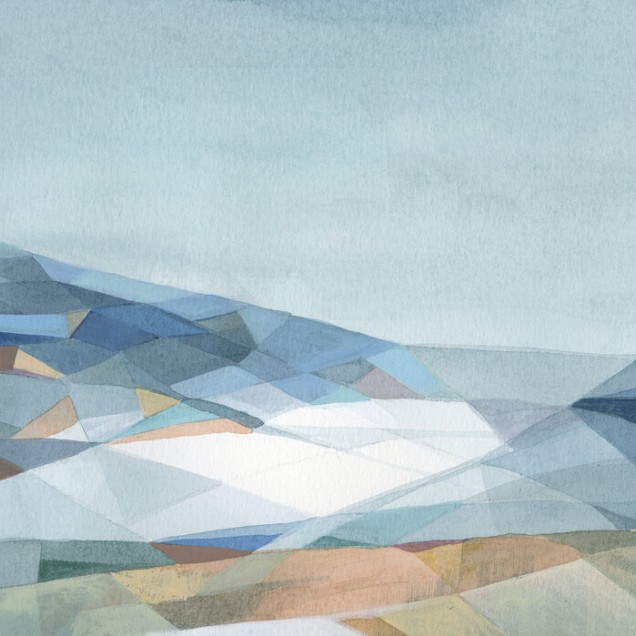 Tapet Geometric Mountain cu design modern, tonuri de albastru deschis și verde, perfect pentru sufragerie, dormitor sau birou.